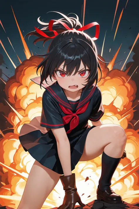 masterpiece, best quality, amazing quality, front view, 1girl, solo, fang, short hair, black hair, ponytail hair with red ribbon, red eyes, black and red sailor uniform, short sleeve, leather gloves, superhero landing pose,(wind),explosion background, (ama...