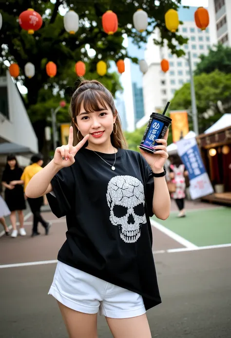  A professional photograph of a young woman at a vibrant Japanese festival, posing with a cheerful and relaxed expression. She has a slim physique, light brown hair styled in a casual ponytail with soft bangs framing her face, fair skin, and almond-shaped ...