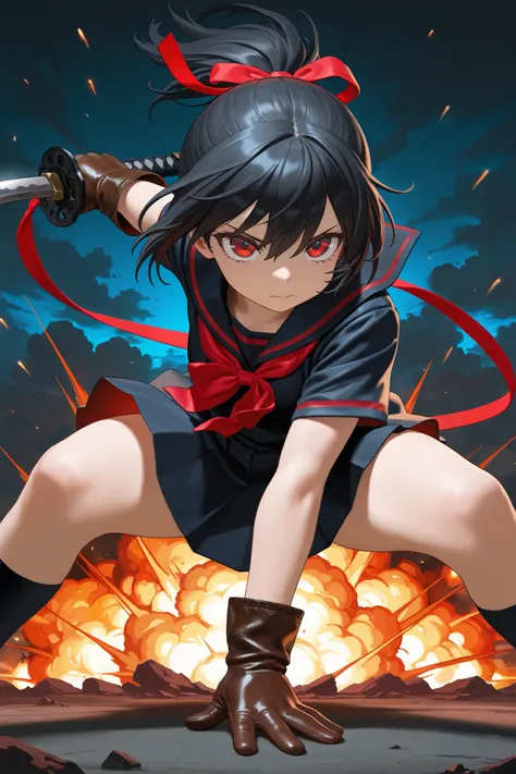 masterpiece, best quality, amazing quality, front view, 1girl, solo, short hair, black hair, ponytail hair with red ribbon, red eyes, black and red sailor uniform, short sleeve, (leather gloves), superhero landing pose, holding weapon, katana, (wind),explo...