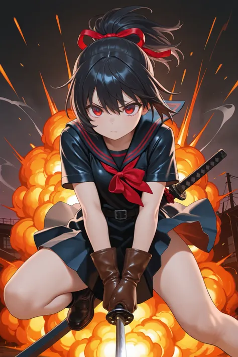 masterpiece, best quality, amazing quality, front view, 1girl, solo, short hair, black hair, ponytail hair with red ribbon, red eyes, black and red sailor uniform, short sleeve, (leather gloves), superhero landing pose, (holding weapon, katana), wind,explo...