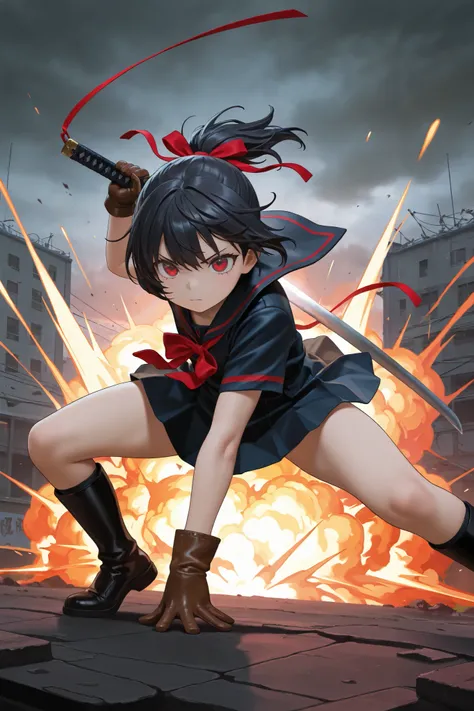 masterpiece, best quality, amazing quality, front view, 1girl, solo, short hair, black hair, ponytail hair with red ribbon, red eyes, black and red sailor uniform, short sleeve, (leather gloves), superhero landing pose, (holding weapon, katana), wind,explo...