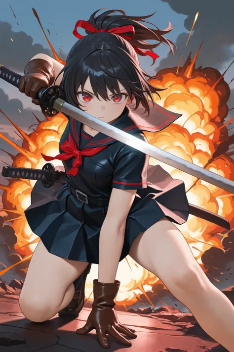 masterpiece, best quality, amazing quality, front view, 1girl, solo, short hair, black hair, ponytail hair with red ribbon, red eyes, black and red sailor uniform, short sleeve, (leather gloves), superhero landing pose, (holding weapon, katana), wind,explo...