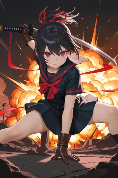 masterpiece, best quality, amazing quality, front view, 1girl, solo, short hair, black hair, ponytail hair with red ribbon, red eyes, black and red sailor uniform, short sleeve, (leather gloves), superhero landing pose, (holding weapon, katana), wind,explo...