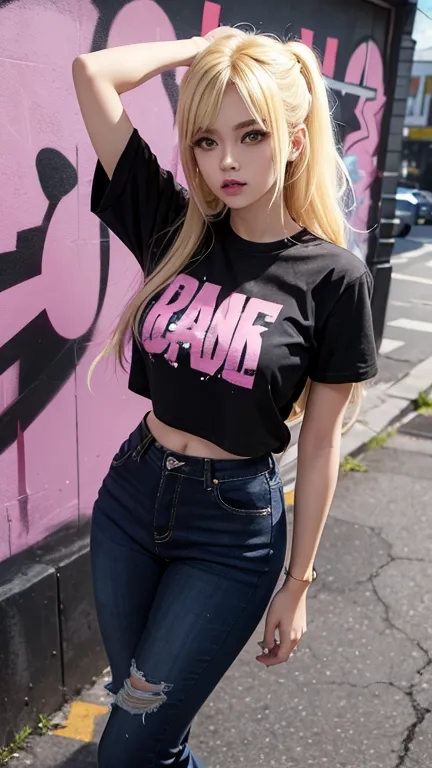 solo , 1girl , Blonde long hair , pink shirt rock punk styes , big breast , black jeans rock punk styes , graffiti pattern shirt