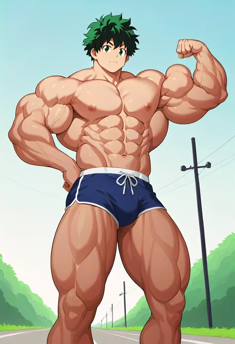 score_9, score_8_up, score_7_up, source_anime, rating_safe, anime screencap, 1boy, male focus, izuku_midoriya, green hair, green eyes, short hair, solo, wide angle, wide shot, cowboy shot, highway, light, flexing, seductive smile, oshi_no_ko_style, giganti...