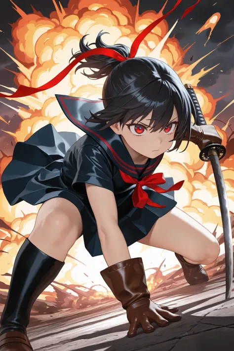 masterpiece, best quality, amazing quality, front view, dutch angle, 1girl, solo, short hair, black hair, ponytail hair with red ribbon, red eyes, black and red sailor uniform, short sleeve, (leather gloves), superhero landing pose, holding weapon, katana,...