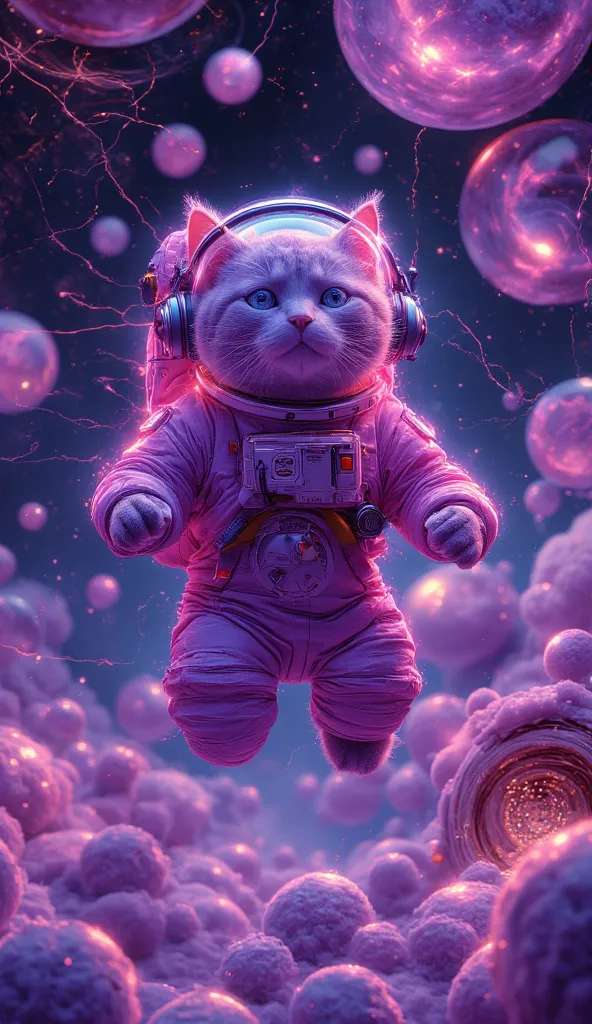 A cat astronaut in a spacesuit with headphones, floating in space among pillow planets and ball asteroids. The stars are connected by, threads forming sound waves.  style: psychedelic patterns, deep purple background, flickering gradients. Below is Earth