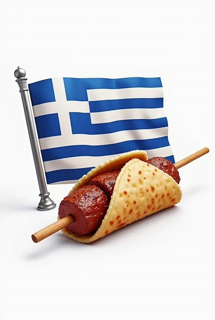 Create a highly realistic 3D logo, featuring the Greek flag in the background waving, with its vibrant blue and white colors, A meat barbecue skewer, with well-textured and golden meat, and an additional icon that refers to Greek culture, like an ionic col...