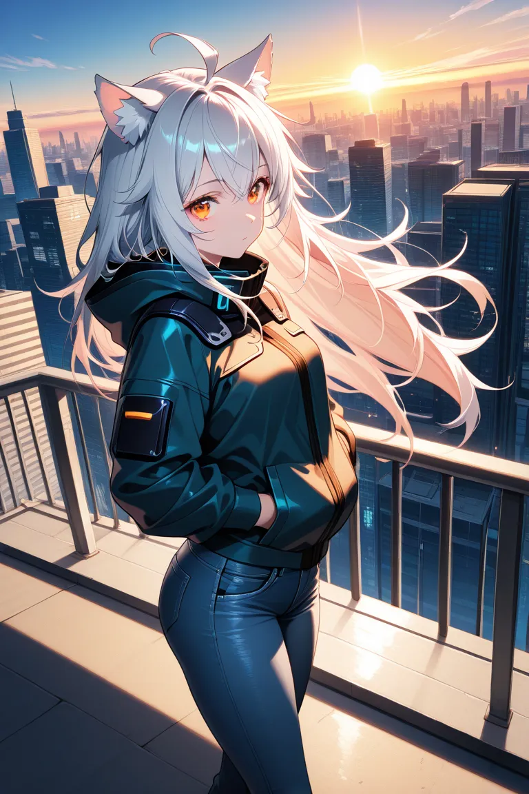 (masterpiece),(absurdres),(ultra detailed),(beautiful detailed),((solo lady),(28-year-old),(silver cat ears:1.1),(silver hair),(long hair:0.8),(messy hair:1.0),(Ahoge:0.9),(middle breast0.9),(()),(orange eyes),(()),(Jacket,jeans pants,)cyberpunk,sunrise,Ro...