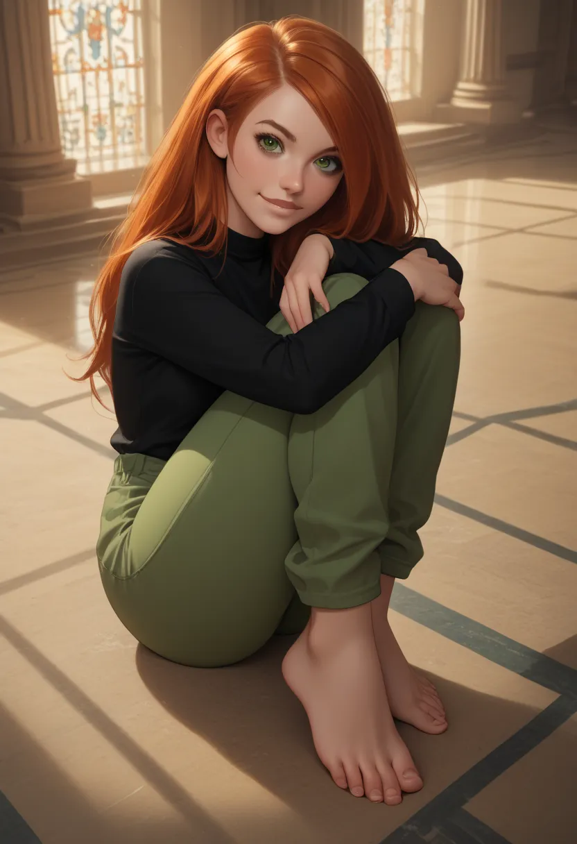 Full body frontal view from above, (Disney's Kim Possible sitting on the floor embracing her legs, inside a palace), redhead, long and loose hair, green eyes, fair skin, wearing (black blouse long sleeves, olive green pants), barefoot, detailed feet and to...