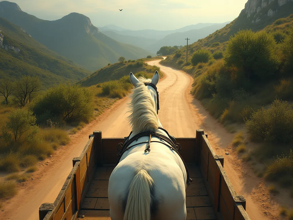 First-person view from the top of a cart with a white horse on a dirt road towards the mountains of Minas Gerais, looking at the back of a horse from above the cart, throw