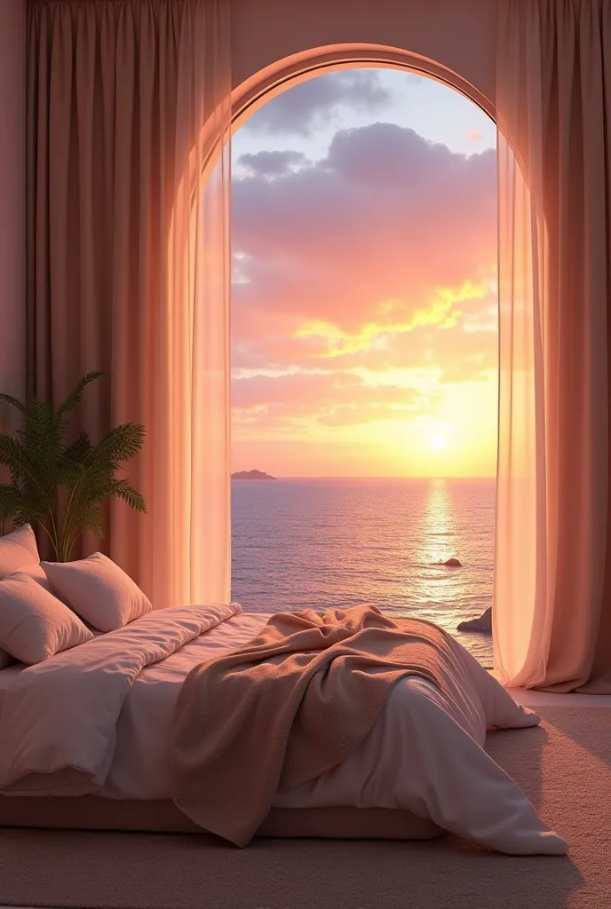 Beautiful beige bed with cushions and blankets next to a large window from which you can see the sea and the sunset 