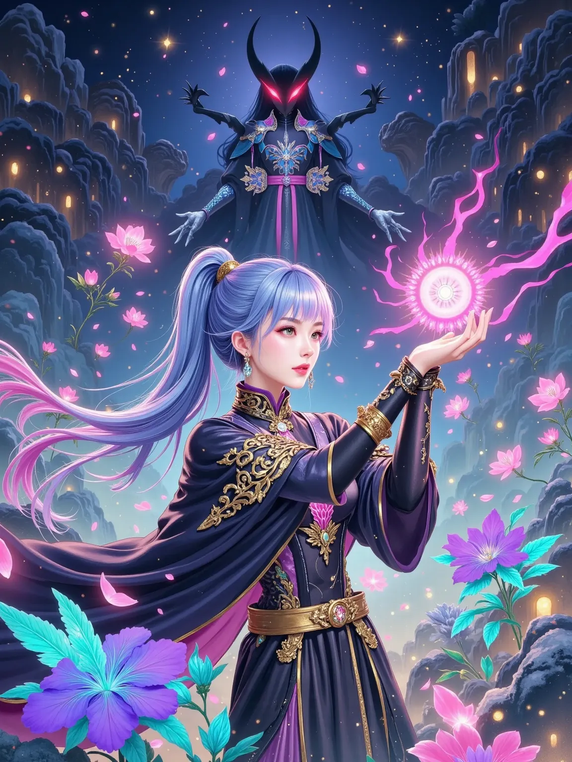 A vibrant digital illustration of an anime-inspired scene. In the center, a young girl with pale skin and long, midnight-blue hair tied up in a high ponytail. She's wearing a neo-futuristic, armored suit, complete with an intricate, high-collared cape that...