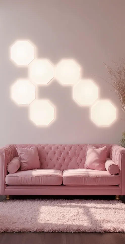 The image presents a sophisticated and modern environment. The setting includes a velvety pink sofa, with a classic design of quilted upholstery and cushions combined. The sofa is positioned against a light wall, decorated with a set of modular lamps hexag...