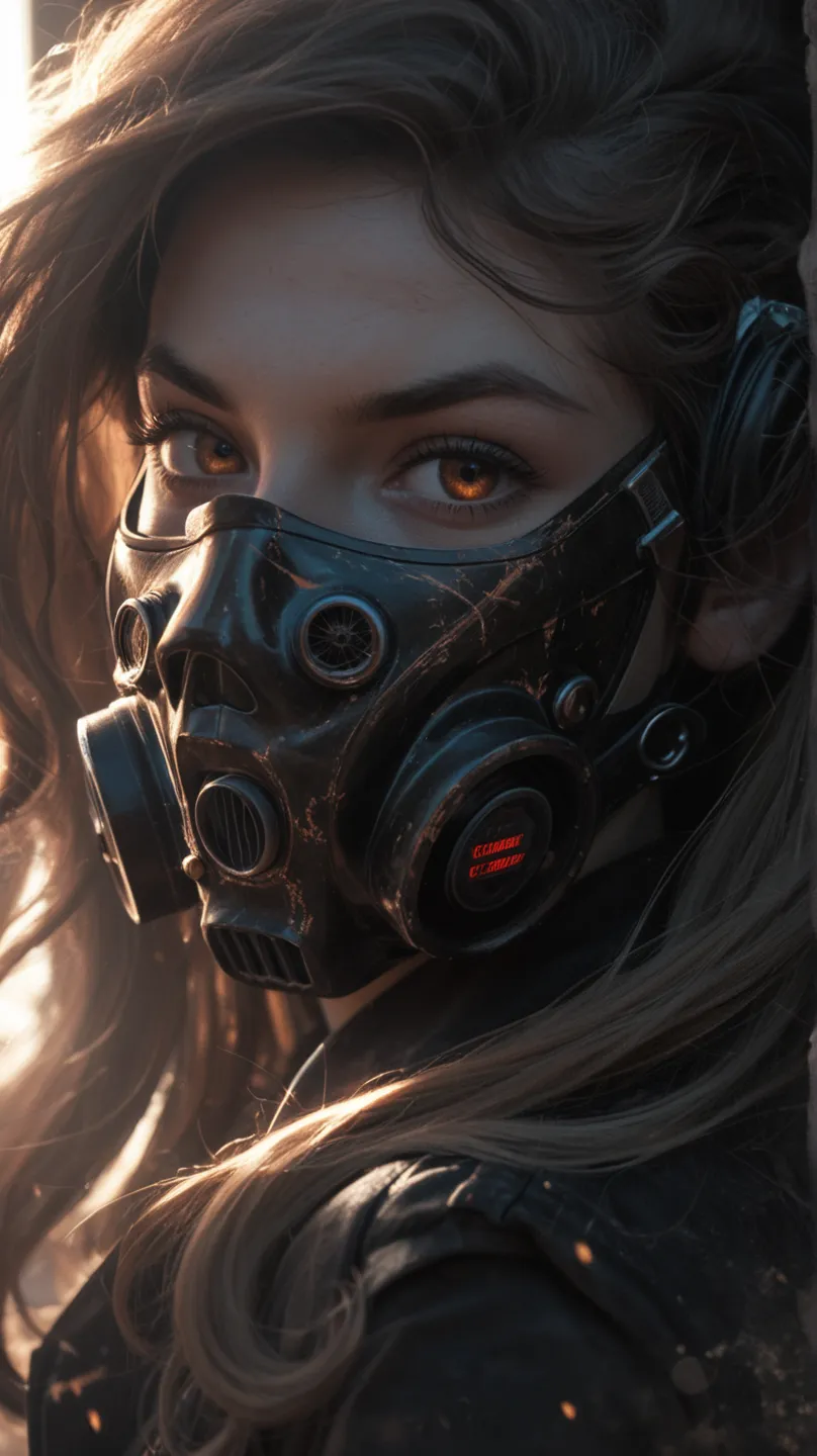  Create a woman with curly copper hair and brown eyes with gas masks 