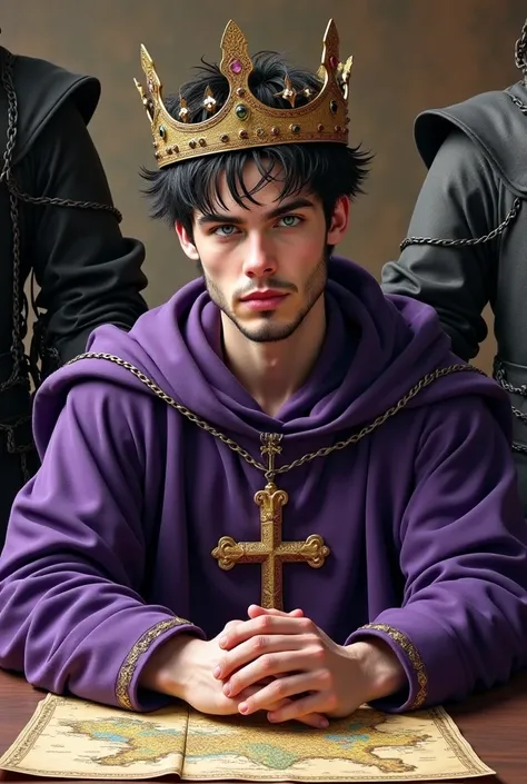 A man whos 6'1 with pale skin and green eyes, the whites of his eyes are red, his hair is black with sprinkes of grey in it, it is messy and he has stubble on his face, he sits before a desk with a bunch of maps on it. Hes wearing purple robes with a golde...