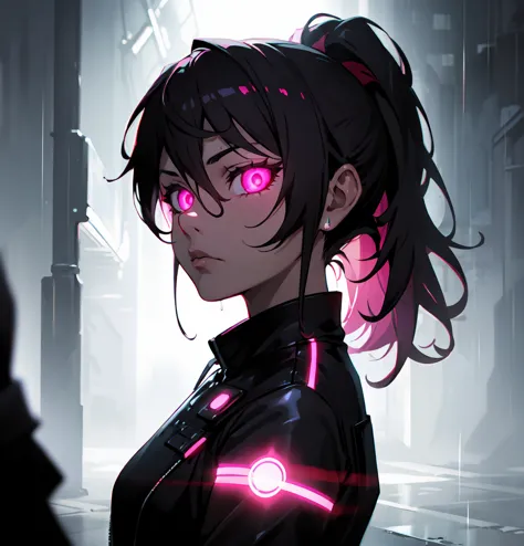 dark magenta hair, pony tail, neon pink eyes, cool face, jacket, rain background, glowing eyes, detailed portrait, cinematic lighting, rainy atmosphere, dramatic pose, intense expression, futuristic cyberpunk style, digital painting, 8K, HDR, ultra-detaile...