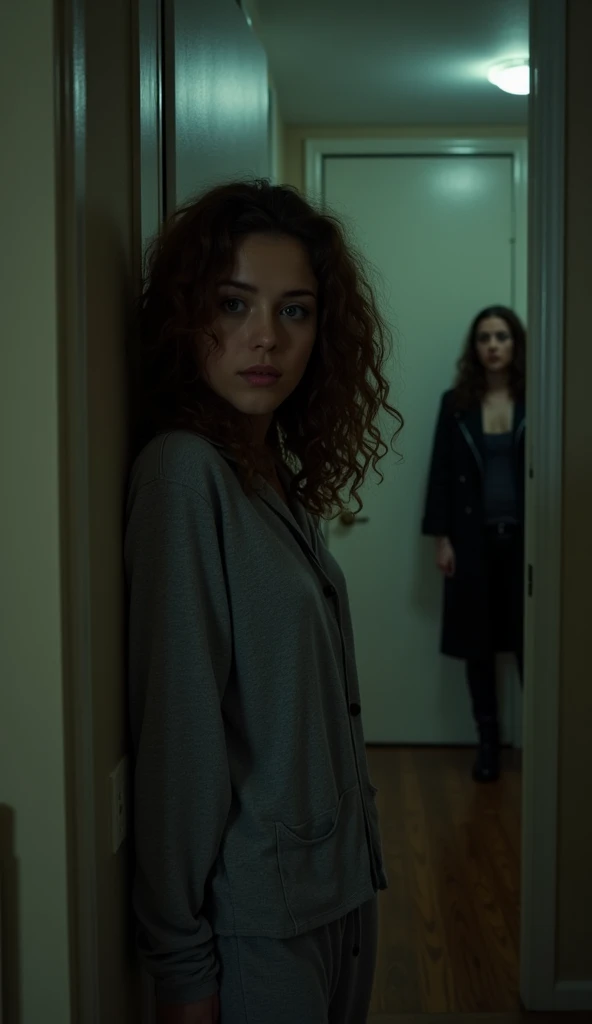 realistic cinematographic style, "Internal view of an apartment at night, silent environment and lit by soft light. Mariana (25 years old), light brunette, loose brown curly hair, wearing gray flannel pajamas, hesitantly next to the door. Through the peeph...