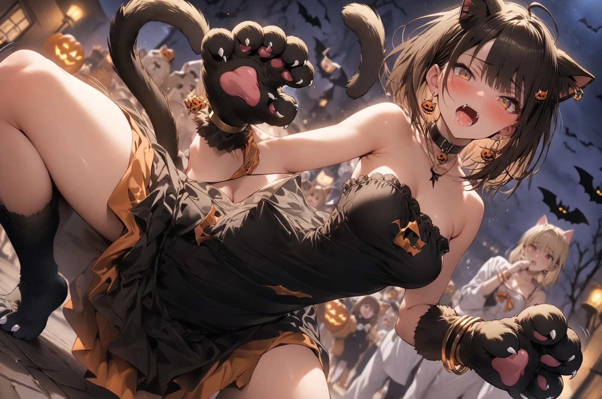 (masterpiece, detailed:1.2), One Girl, (18-years old), brown long Bob Cut, Medium Breasts, Sexy halloween, cat costume, cat tail, cat hands gloves, cat foot shose, bracelet, earring, BREAK, Highest quality, BREAK, Random Poses, Random angle, Random focus, ...