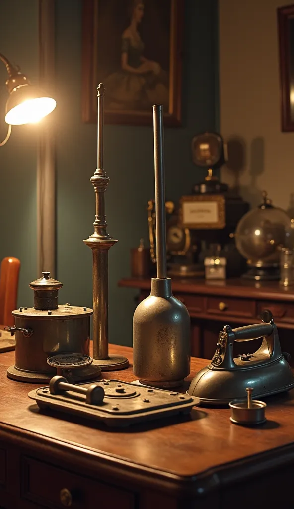 A collection of the first household appliances from the early 1900s, including an antique vibrator, a vacuum cleaner, and an iron, placed on a wooden table with vintage-style lighting. The objects appear aged but futuristic for their time."