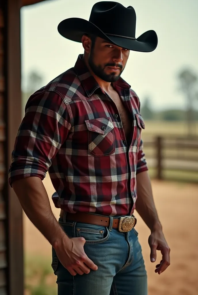 realistic photography, 35-year-old muscular (((athletic man))) , , view From below, in profile, dark red and white Oxford shirt de cuadros and very tight light blue jeans, brown belt, in profile, Big butt, viendo a cámara,  black eyes,, at the ranch, sexy ...