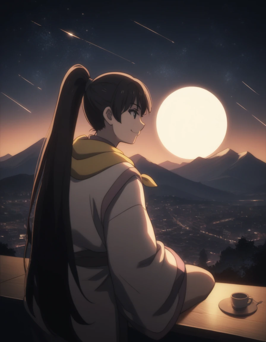 score_9, score_8_up, score_7_up, (gsfghtr), black hair, long ponytail hair multicolored robe, neckerchief, 1girl, bright, best lighting, smile, on top of mountain, city lights at night, moon, shooting stars