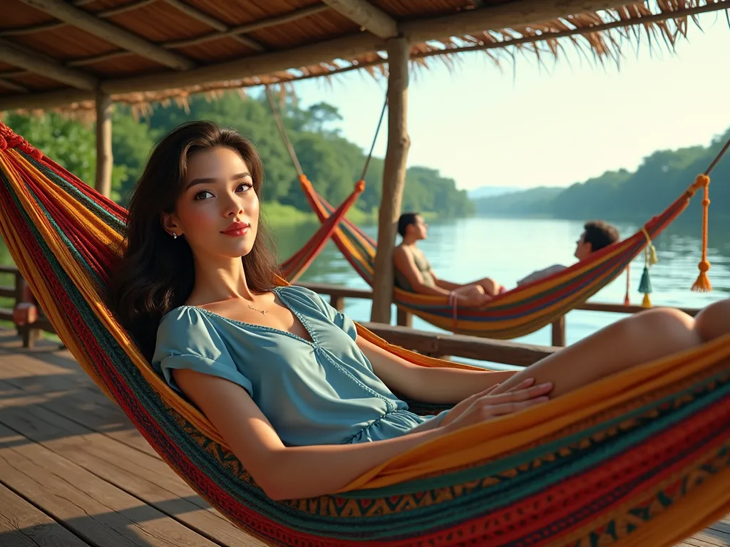 Self of a fair-skinned woman wearing a blue blouse lying on a colorful rocking hammock inside a boat, In the Amazon River , with other rocking hammocks, busy with random people.