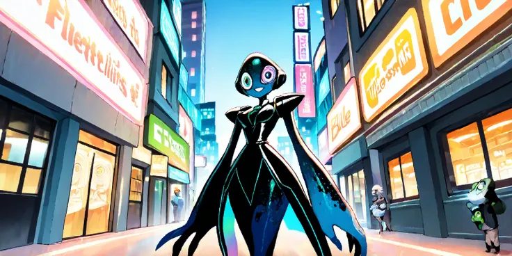 jade and crystalline modern city, building etched and painted with Asian stylings, some buildings brilliantly lit with colorful fluorescent lights, the pedestrians are blue skinned frog men (huge eyes, humanoid, mottled blue skin, long fingers, black cyber...