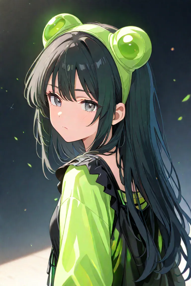 Anime age girl with black hair with a black fringe, long until the end of her back, she have  black and grey eyes, always wearing a green headphone on the head with pink and green geek clothes. Jaded face.