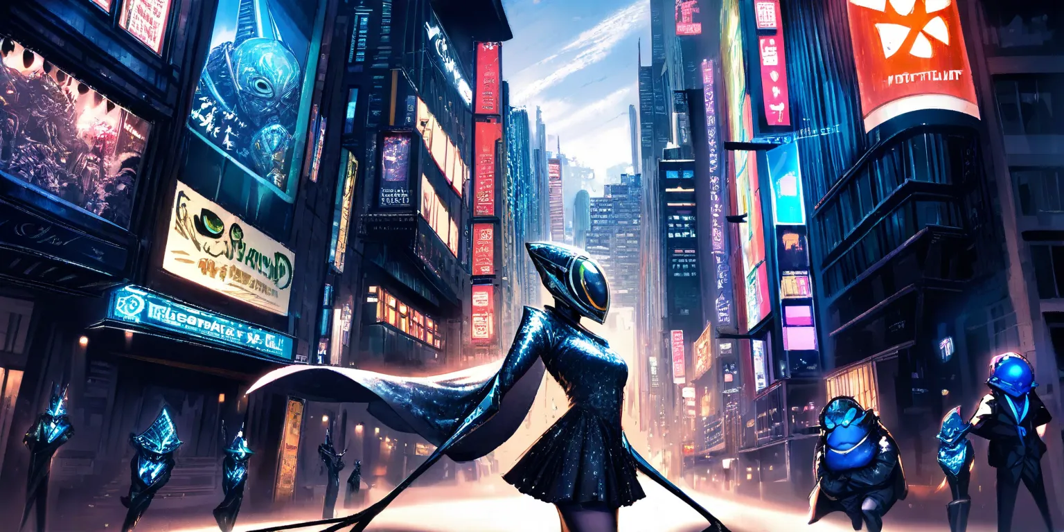 jade and crystalline modern city, building etched and painted with Asian stylings, some buildings brilliantly lit with colorful fluorescent lights, the pedestrians are blue skinned frog men (huge eyes, humanoid, mottled blue skin, long fingers, black cyber...