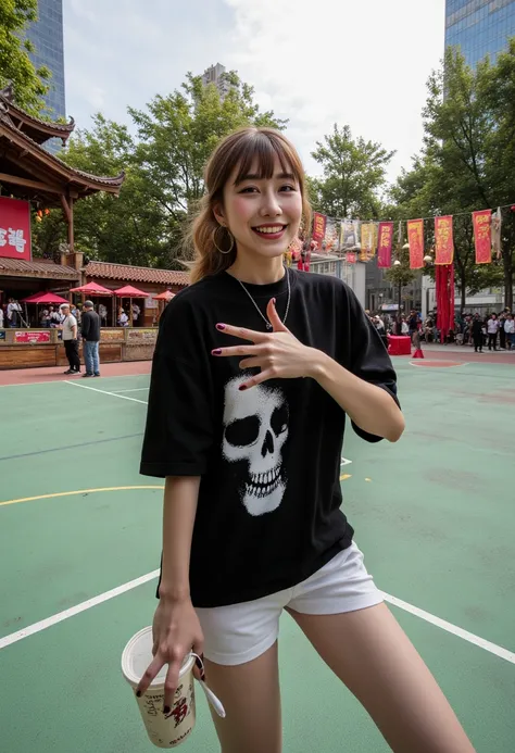  A professional photograph of a young woman at a vibrant Japanese festival, posing with a cheerful and relaxed expression. She has a slim physique, light brown hair styled in a casual ponytail with soft bangs framing her face, fair skin, and almond-shaped ...