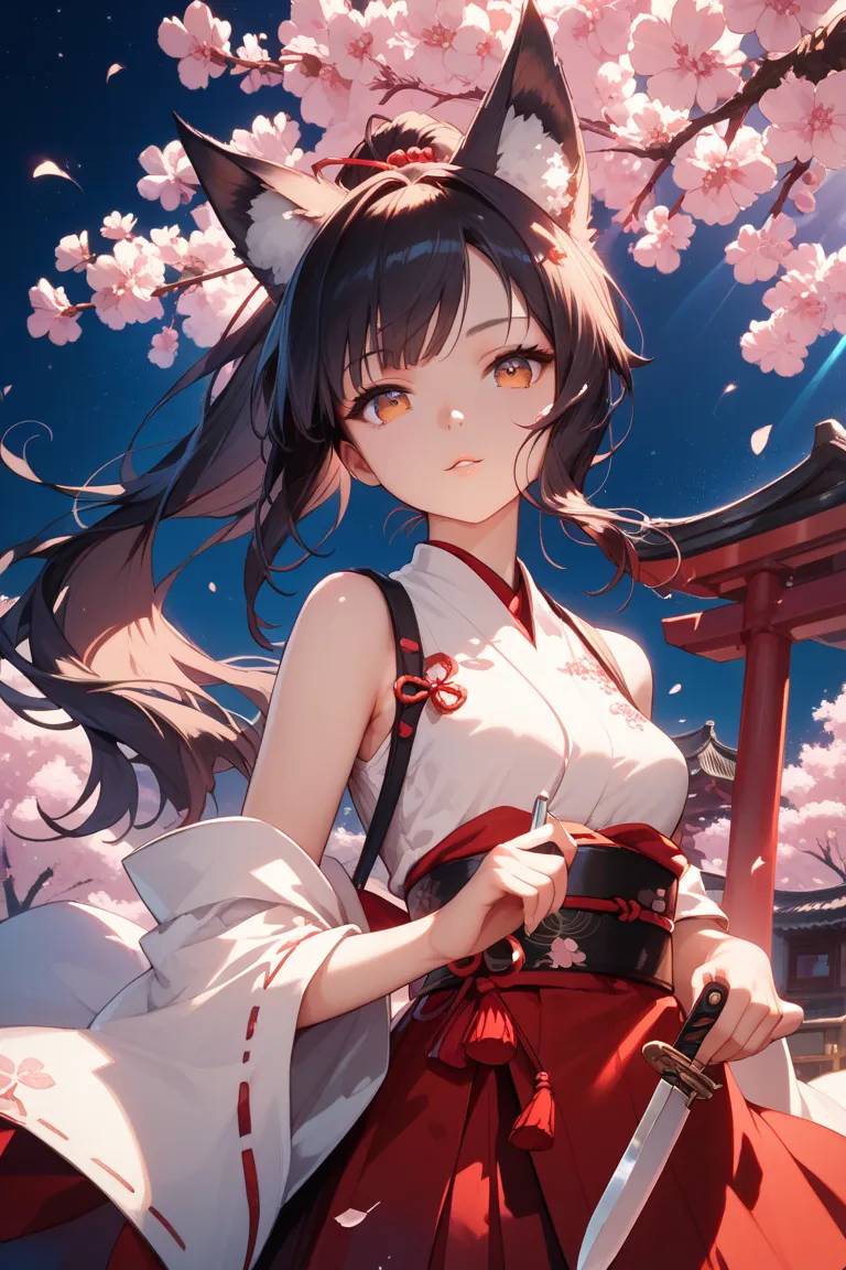 (masterpiece), Highest quality, High Resolution, very detailed, detailed background, perfect lighting,  lens flare, Night Sky, cherry blossoms, Red Eye,  dark hair, 1 girl, ponytail, small breasts,  anime, knife,  fox ears