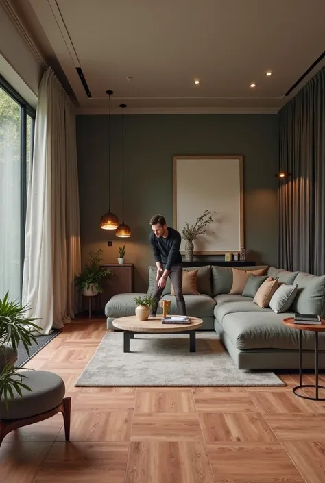 Viglio the living room of a house with a porcelain stoneware floor tending to dull orange, with modern decor on a gray scale,black or white and walls tending to gray or green. I want the sofas in black leather