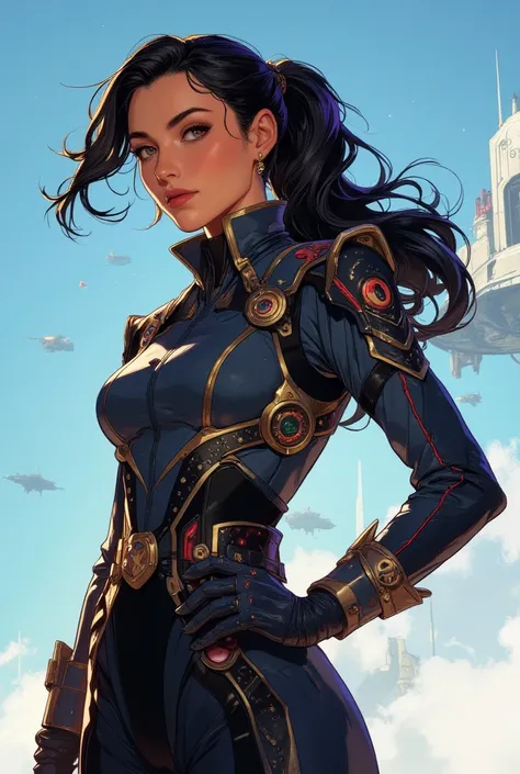 

**Create a highly detailed illustration of a powerful female commander from a space-faring empire called the Astral Imperium. She has long, flowing dark hair with purple highlighting, tanned skin, dark pink eyes, ponytail, frownlook, ipside down perspect...