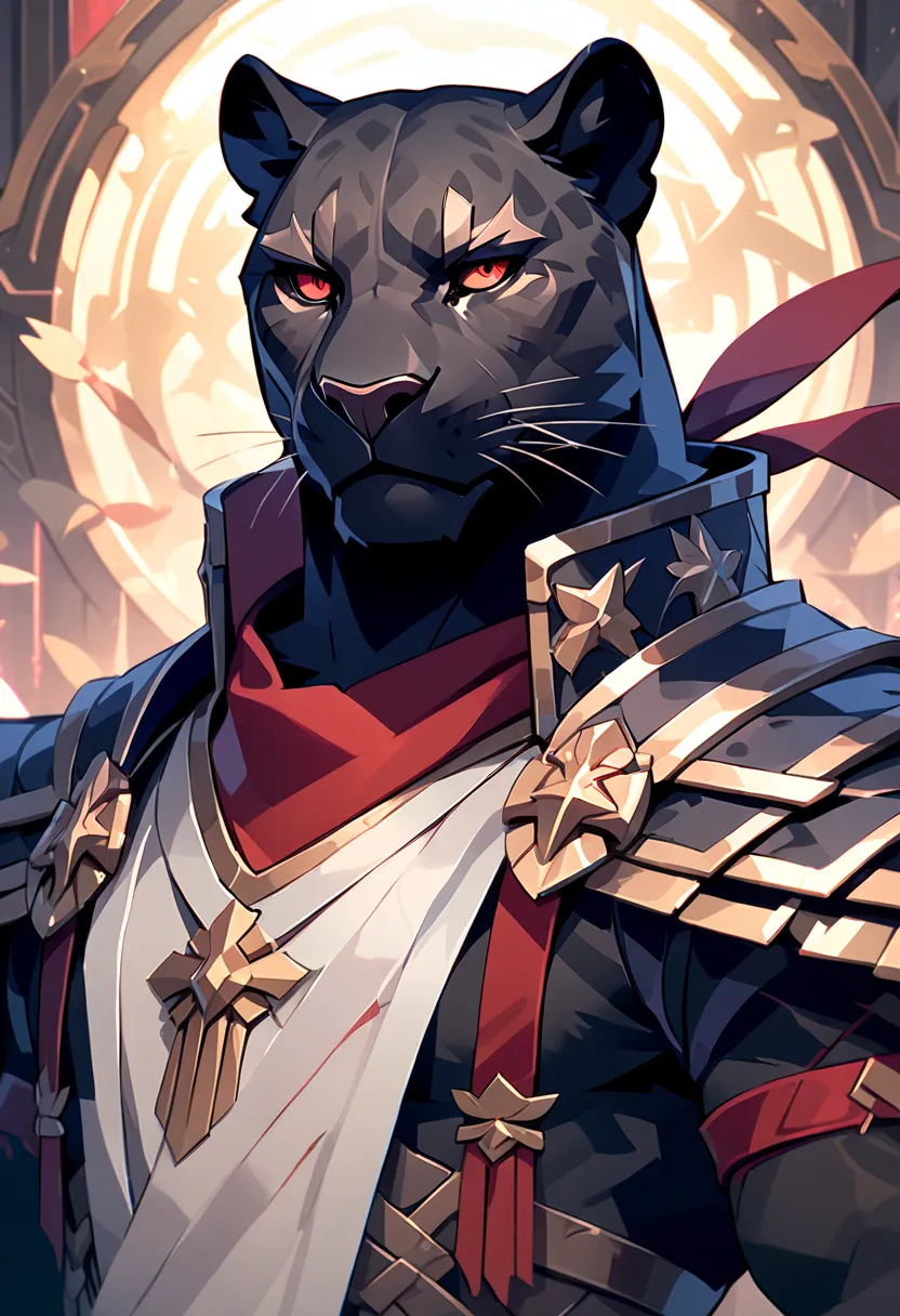 handsome anthropomorphic black panther, naked, wearing red loincloth with bulge, red eyes, arrogant, cocky, superiority complex, war general, scar over right eye, detailed furry art, light novel art, anime style, masculine, villainous, villain, evil