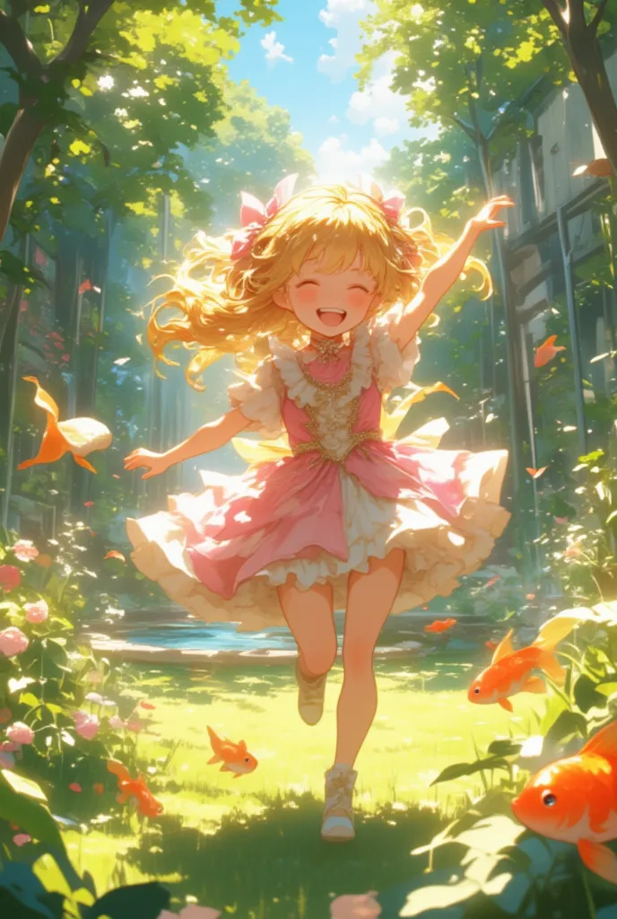 dynamic angle, In a spacious garden, a little princess wearing a frilly dress runs around energetically. Her dress, adorned with pink and white frills, flutters with every movement. Laughing joyfully, the little princess dashes through the garden's flowers...