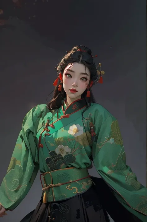 a close up of a woman wearing a green sweater and a red scarf, inspired by Sim Sa-jeong, inspired by Jang Seung-eop, inspired by Jeong Seon, second life avatar, inspired by Lü Ji, inspired by Jin Nong, inspired by Bernardino Mei, inspired by Yun Du-seo, in...