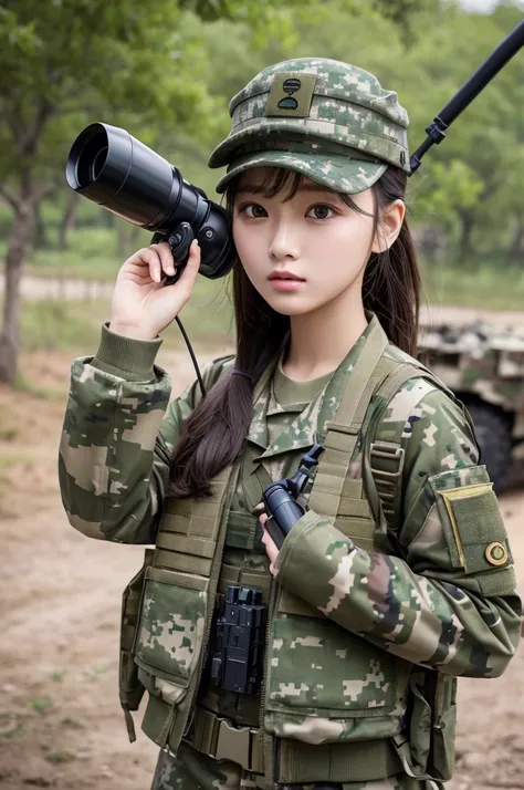 Highest quality、Greatest Masterpiece、8k、Girl Soldiers 、 camouflage 、camouflage military uniform、(((Communications Soldiers)))、