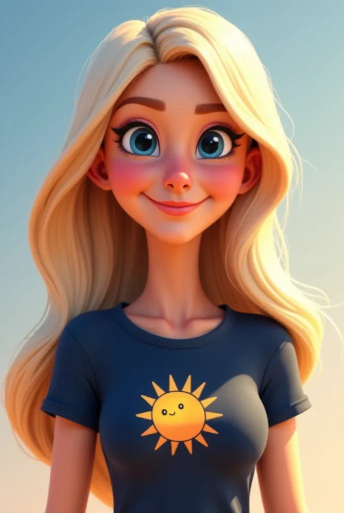 Make a Pixar-style avatar to promote SHOPEE products,  female,  long hair below the shoulders , platinum blonde, animated smile,  blue eyes, dark blue shirt with the sun printed on it and the expression of a lover 