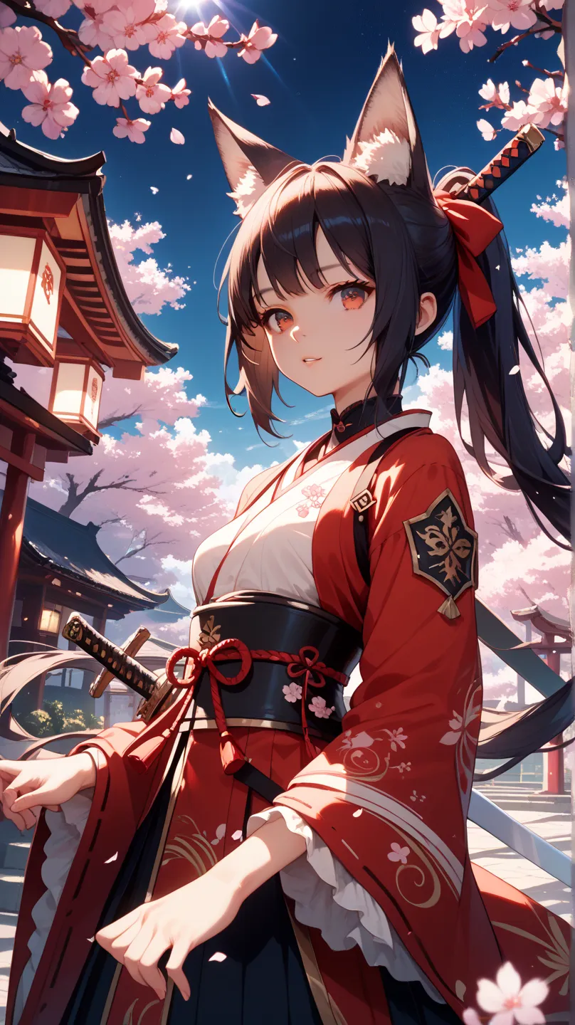 (masterpiece), Highest quality, High Resolution, very detailed, detailed background, perfect lighting,  lens flare, Night Sky, cherry blossoms, Red Eye,  dark hair, 1 girl, ponytail, small breasts,  anime, Long sword,  fox ears