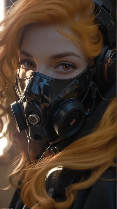  Create a woman with copper hair and the most striking thing is her copper and curly hair and long brown eyes with gas masks , wearing a black cape with the hood on , watching the viewer , with her intense brown eyes with a serious look with a technologica...