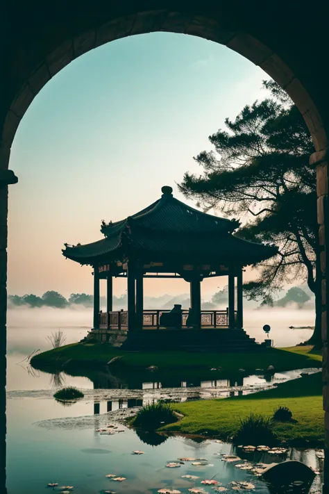 Chinese martial arts style, large area sky, ink style, outline light, atmospheric atmosphere, depth of field, mist rising, lake water, lotus flowers and leaves, small boats, pine trees, octagonal stone pavilions, arch bridges, night view,(No color)  