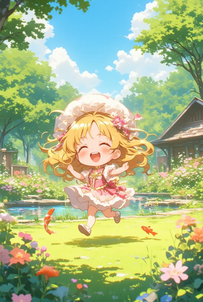 happy atmosphere, close up face, chibi, deformed, In a spacious garden, a little princess wearing a frilly dress runs around energetically. Her dress, adorned with pink and white frills, flutters with every movement. Laughing joyfully, the little princess ...