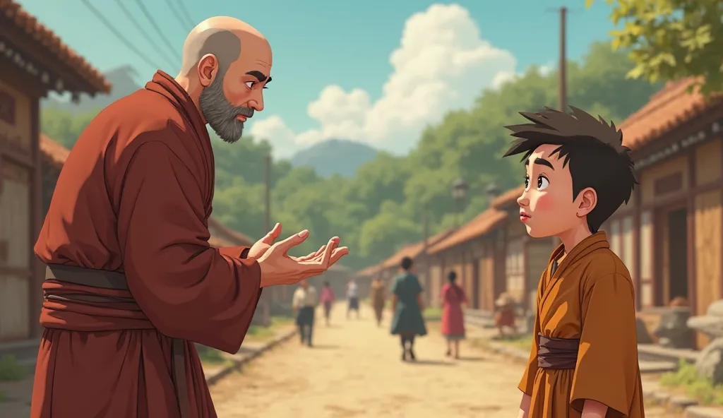 A Young Student Talking to the Monk
A young, eager student named Sam stands before the monk, listening intently. The monk gestures as if telling an important lesson. The background shows a village with people going about their daily activities. animated st...