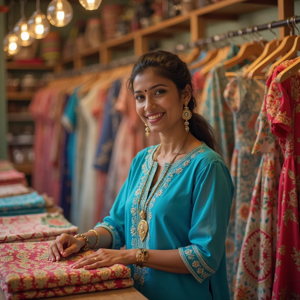 Hd image of kerala lady sales staff, wearing blue kurti, working, in boutique, on behind different types dresses hung