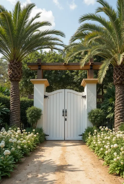 It creates an entrance to a farm 40 m wide in the center there is a white gate with a eucalyptus structure above this gate that is 6 m with a t********* Yellow and on the sides Large palm trees together with low plants of the white flower