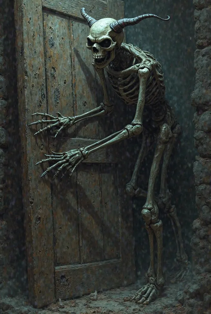 An individual with a devilish and skeletal appearance, knocking on the wooden door. dark and dark scene