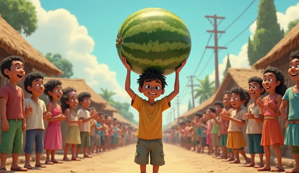 Sam Balancing a Huge Watermelon on His Head
A young man walks through a lively village, carefully balancing a massive watermelon on his head. Villagers laugh, clap, and make funny faces as they watch him. The atmosphere is cheerful and full of energy. anim...