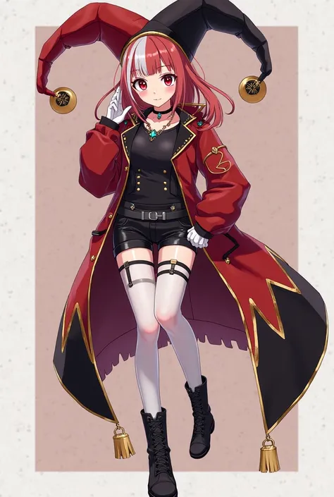 An anime girl, red-black long jacket with golden stripes on it and black shirt, in black shorts, with choker on thighs with crystal, with black-red long jesters hat, with red-white heterochromia,in long black boots with long white socks and with short blac...