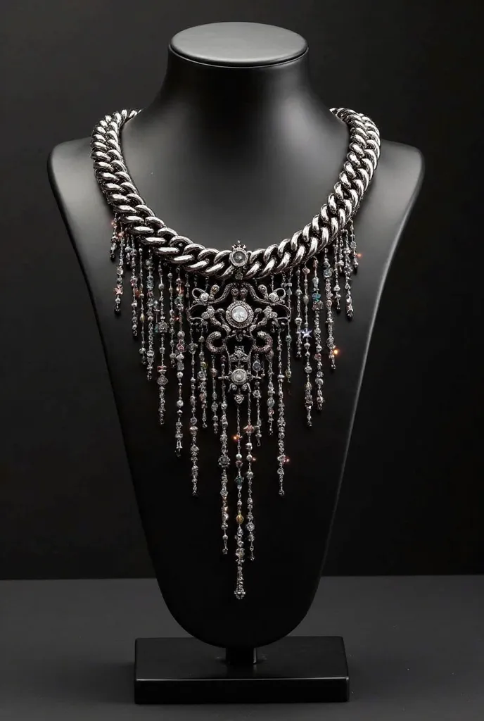 A Cuban dripp-style chain perched on an elegant black bust, Looking for the details and glitters of the chain to be seen 